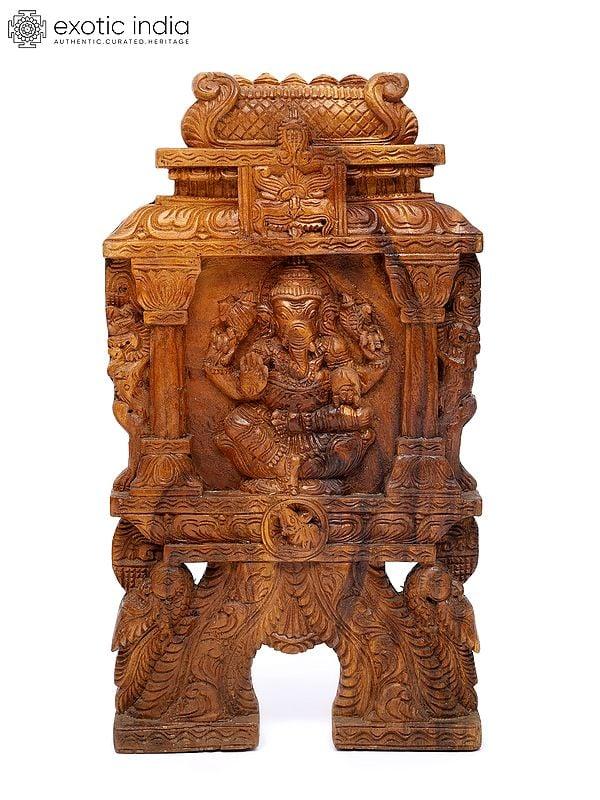 exotic india 18" Lord Ganesha Kavadi Wall Panel | Wood Carving from South India 
