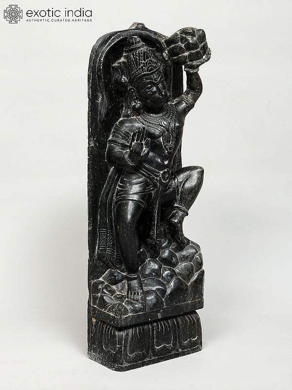 Exotic India 18" Lord Hanuman Carrying Sanjivani | Granite Stone Statue | Made In Orissa 