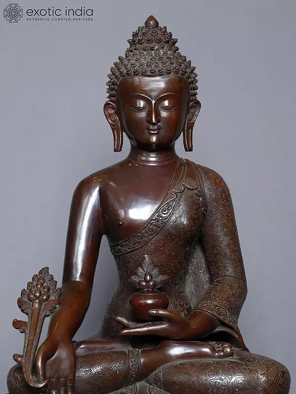 Exotic India 18" Lord Medicine Buddha Statue In Copper Gold Plated From Nepal | Handmade 