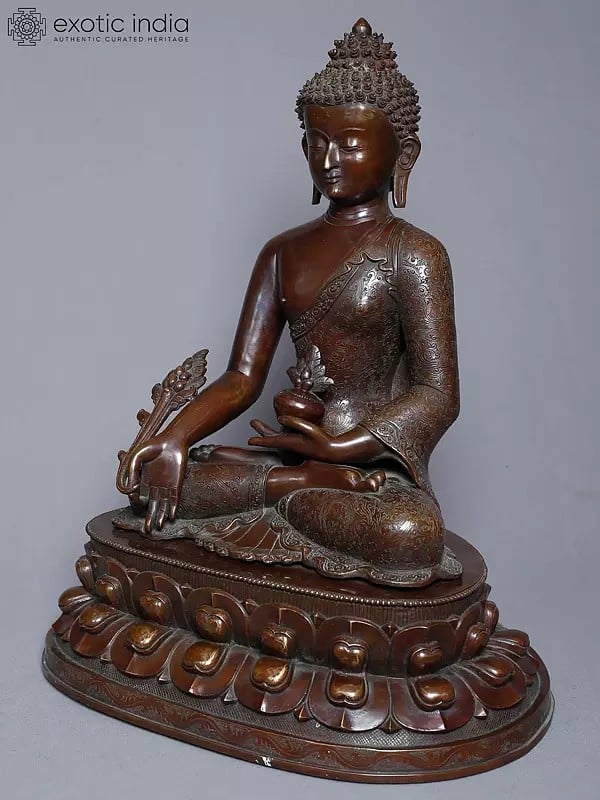 Exotic India 18" Lord Medicine Buddha Statue In Copper Gold Plated From Nepal | Handmade 