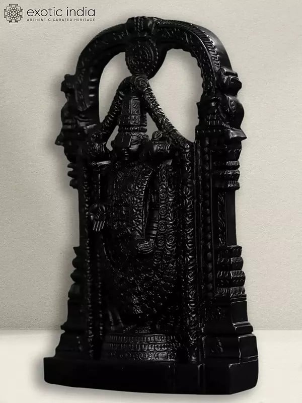 Exotic India 18" Lord Tirupati Balaji Statue With Intricate Work | Black Marble Sculpture For Home And Temple 