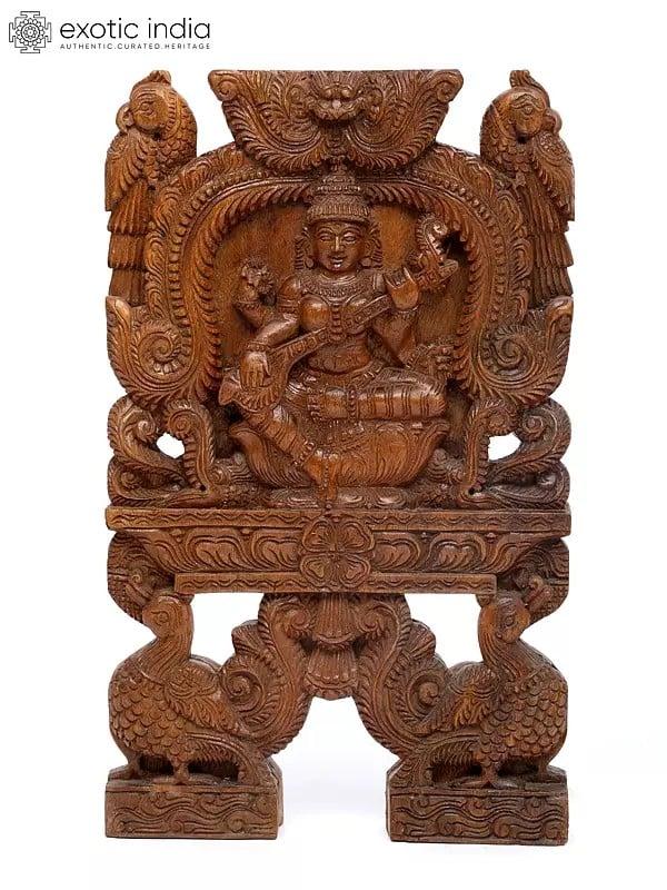 Exotic India 18" Pair Of Goddess Lakshmi And Saraswati Kavadi Wall Panels | Wood Carving 