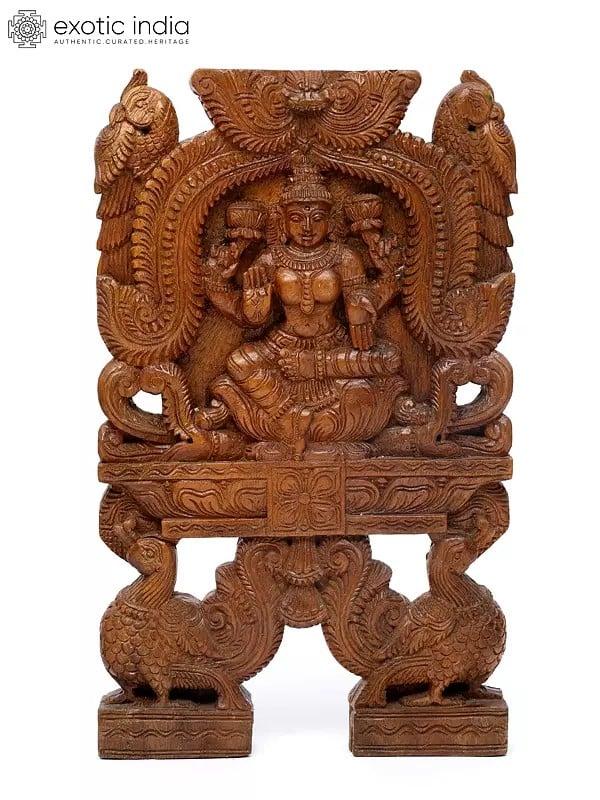 Exotic India 18" Pair Of Goddess Lakshmi And Saraswati Kavadi Wall Panels | Wood Carving 