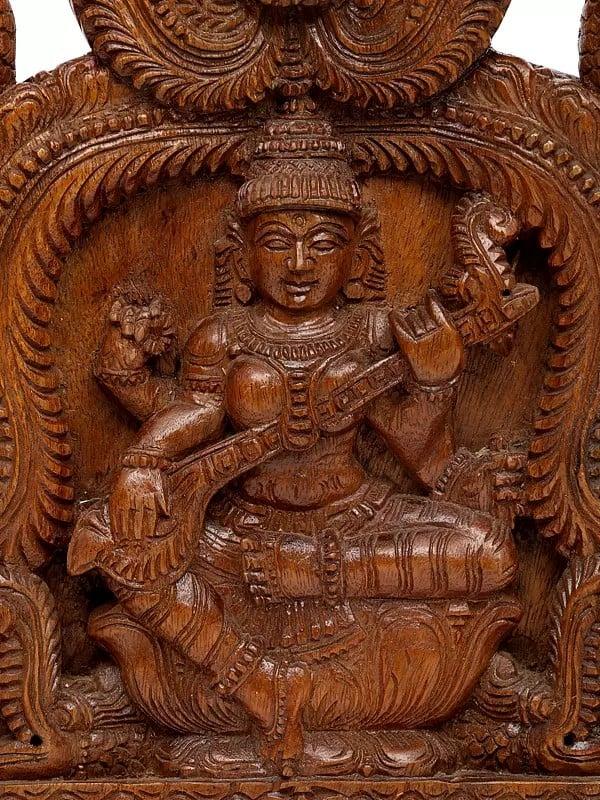 Exotic India 18" Pair Of Goddess Lakshmi And Saraswati Kavadi Wall Panels | Wood Carving 
