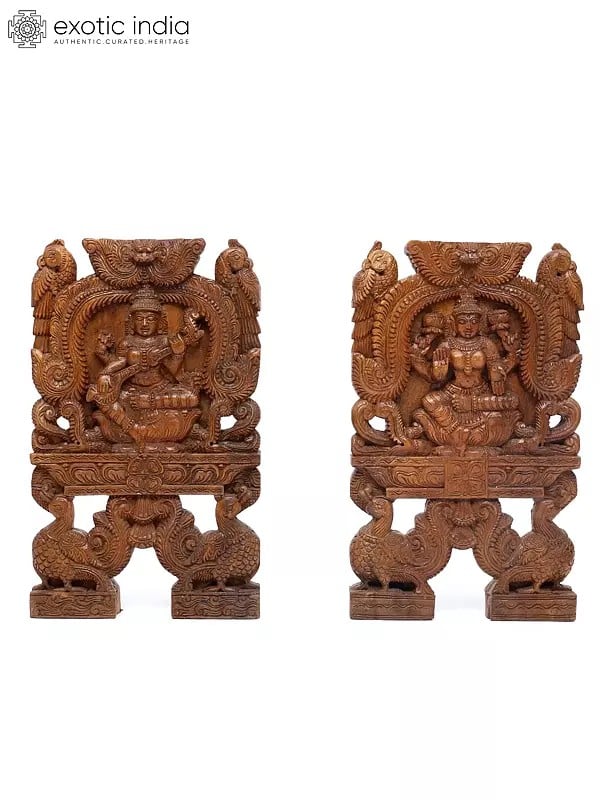 exotic india 18" Pair of Goddess Lakshmi and Saraswati Kavadi Wall Panels | Wood Carving 