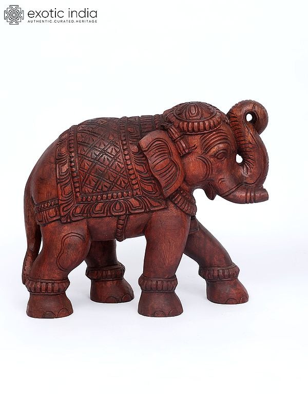 Exotic India 18" Pair Of Two Elephants With Upraised Trunk | Wood Carving