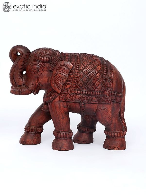 Exotic India 18" Pair Of Two Elephants With Upraised Trunk | Wood Carving