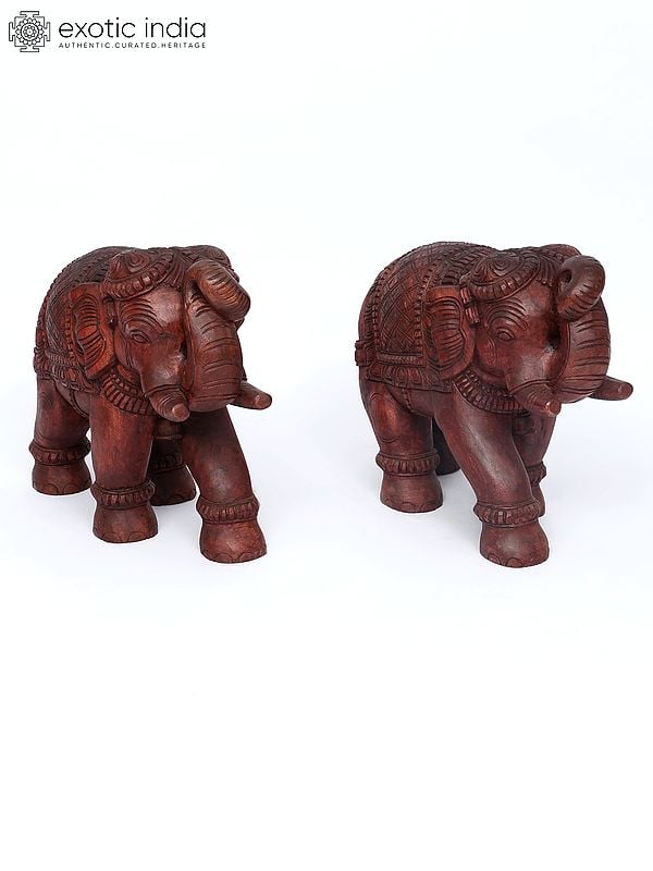 Exotic India 18" Pair Of Two Elephants With Upraised Trunk | Wood Carving