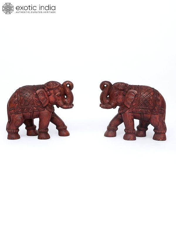 exotic india 18" Pair of Two Elephants with Upraised Trunk | Wood Carving