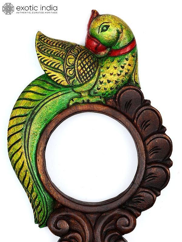 Exotic India 18" Parrot Design Wall Hanging Mirror | Wood Carving