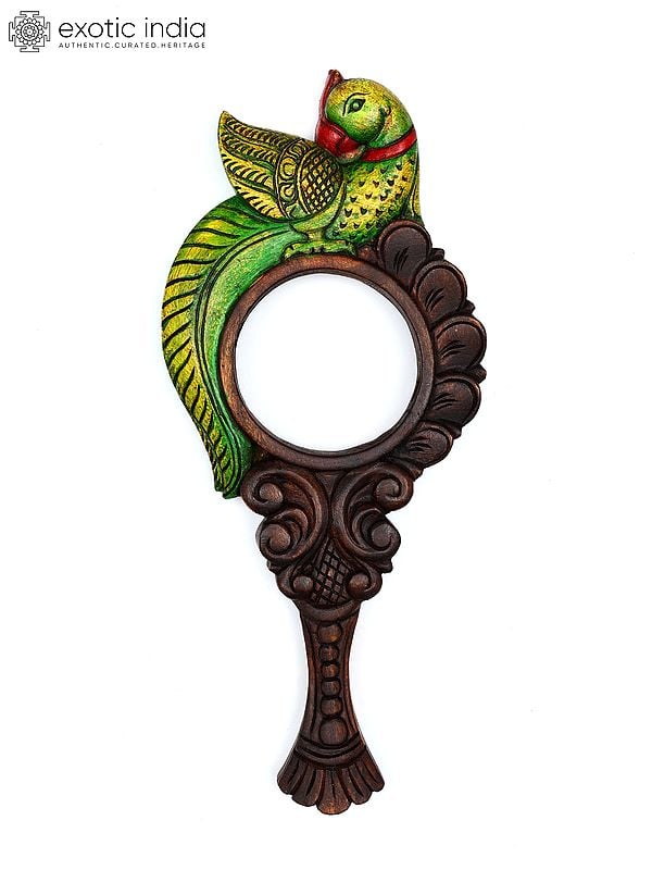 exotic india 18" Parrot Design Wall Hanging Mirror | Wood Carving 