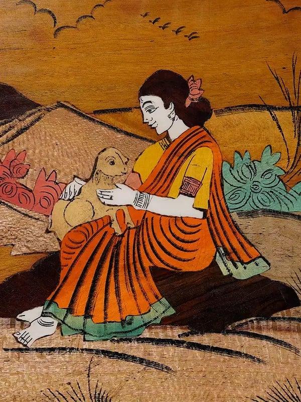 Exotic India 18" Seated Lady With Goats | Rosewood Panel With Inlay Work 