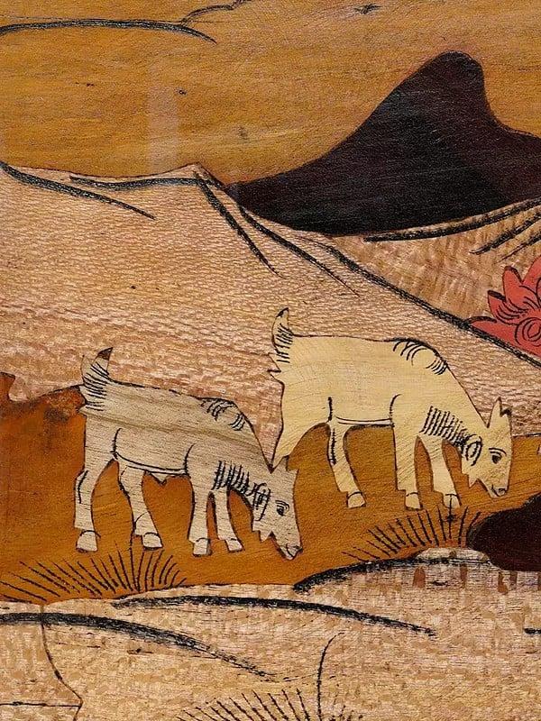 Exotic India 18" Seated Lady With Goats | Rosewood Panel With Inlay Work 