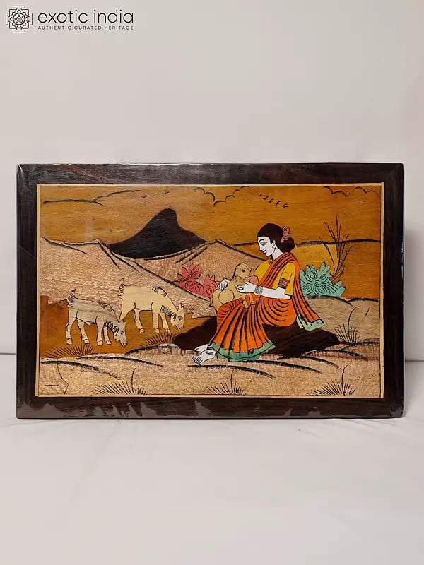 exotic india 18" Seated Lady With Goats | Rosewood Panel With Inlay Work 