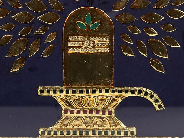 Exotic India 18" Shivlinga Abhishekam With Bel Patras | Framed Tanjore Painting