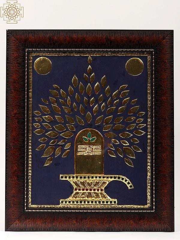 exotic india 18" Shivlinga Abhishekam with Bel Patras | Framed Tanjore Painting 
