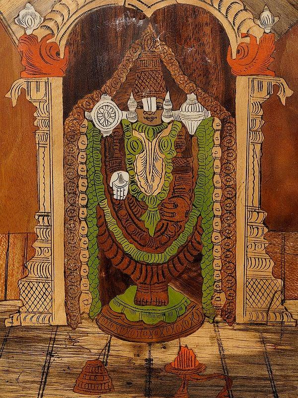 Exotic India 18" Standing Lord Venkateswara Balaji | Rosewood Panel With Inlay Work 
