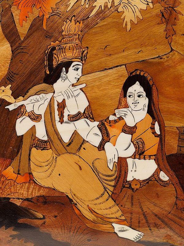 Exotic India 18" The Tune Of Flute - Radha Krishna | Rosewood Panel With Inlay Work 