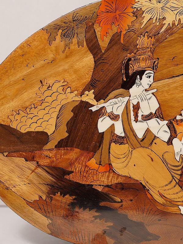 Exotic India 18" The Tune Of Flute - Radha Krishna | Rosewood Panel With Inlay Work 
