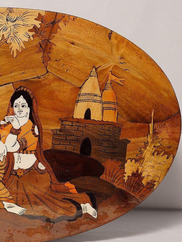 Exotic India 18" The Tune Of Flute - Radha Krishna | Rosewood Panel With Inlay Work 