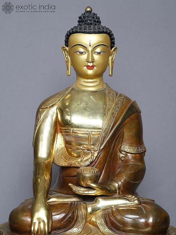Exotic India 18" Tibetan Buddhist Shakyamuni Buddha In Copper Gold Plated Statue From Nepal 