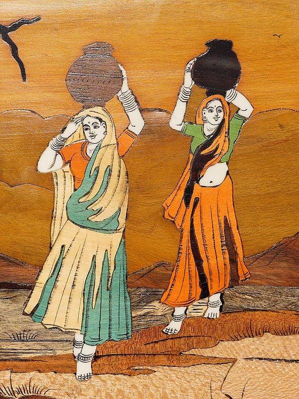 Exotic India 18" Village Life Of Women | Rosewood Panel With Inlay Work 