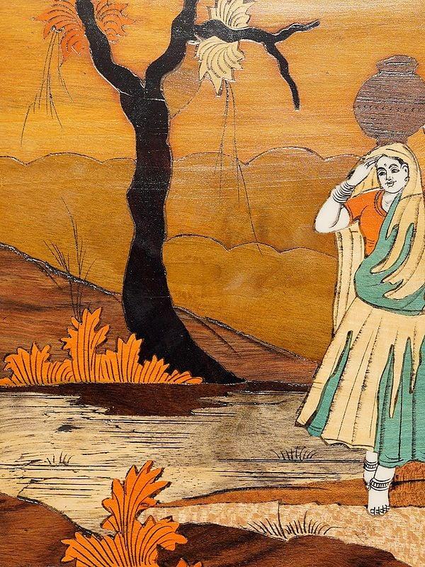 Exotic India 18" Village Life Of Women | Rosewood Panel With Inlay Work 