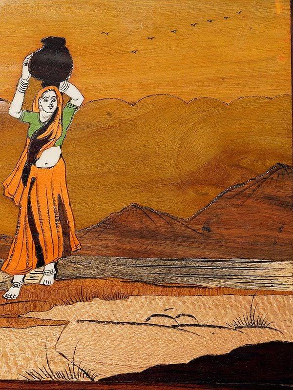 Exotic India 18" Village Life Of Women | Rosewood Panel With Inlay Work 