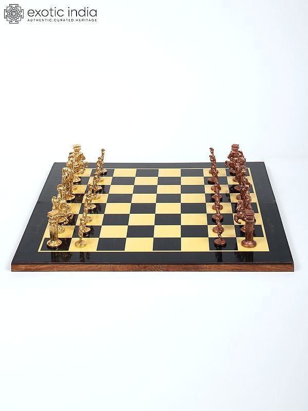 Exotic India 18" Wood Chess Board With Brass Chess Pieces 