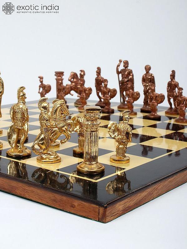 Exotic India 18" Wood Chess Board With Brass Chess Pieces 