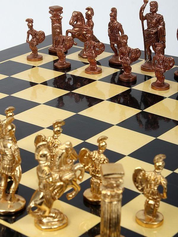 Exotic India 18" Wood Chess Board With Brass Chess Pieces 