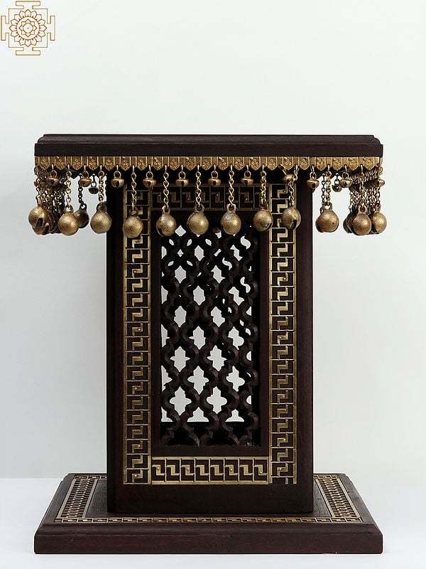 Exotic India 18" Wooden Designer Pedestal/Chowki With Dangling Ghungroos In Brass 