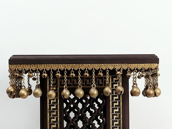 Exotic India 18" Wooden Designer Pedestal/Chowki With Dangling Ghungroos In Brass 