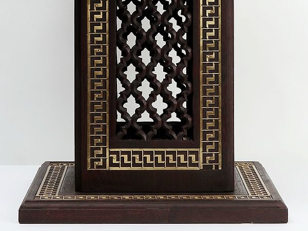 Exotic India 18" Wooden Designer Pedestal/Chowki With Dangling Ghungroos In Brass 