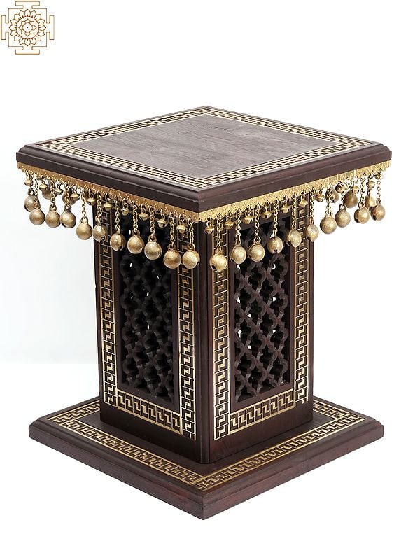 exotic india 18" Wooden Designer Pedestal/Chowki with Dangling Ghungroos in Brass 