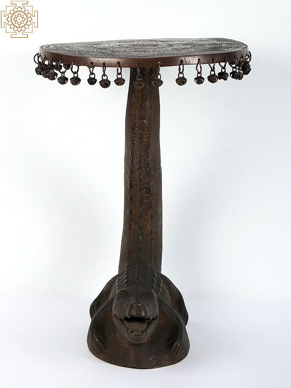 Exotic India 19" Brass Crocodile Stool With Hanging Bells (Rare Item) 