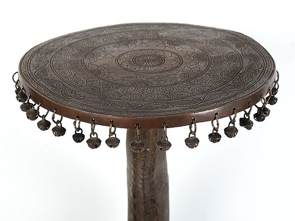 Exotic India 19" Brass Crocodile Stool With Hanging Bells (Rare Item) 