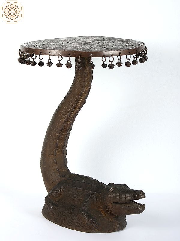 Exotic India 19" Brass Crocodile Stool With Hanging Bells (Rare Item) 