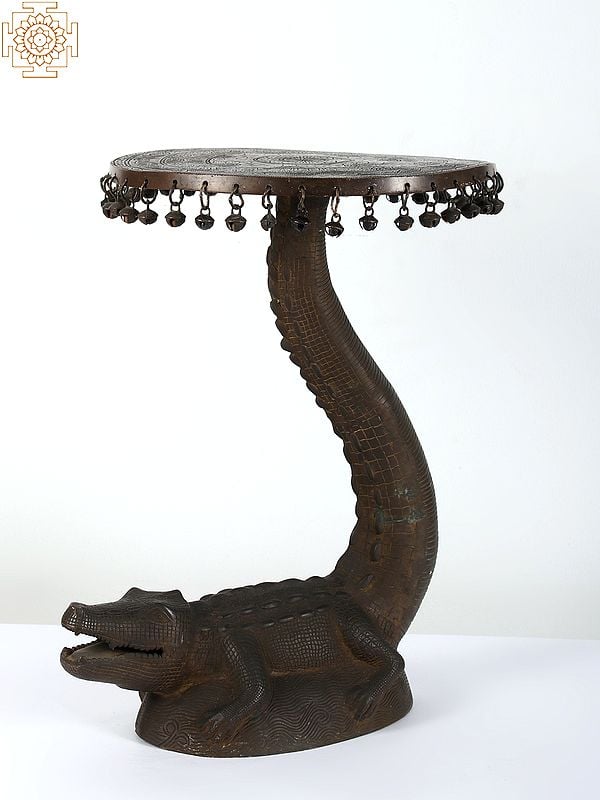 exotic india 19" Brass Crocodile Stool with Hanging Bells (Rare Item) 