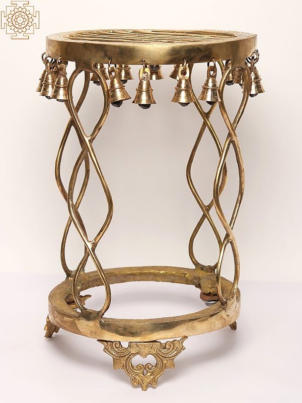 Exotic India 19" Brass Designer Pedestal With Hanging Bells 