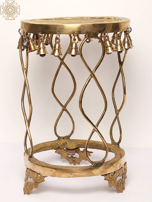 Exotic India 19" Brass Designer Pedestal With Hanging Bells 