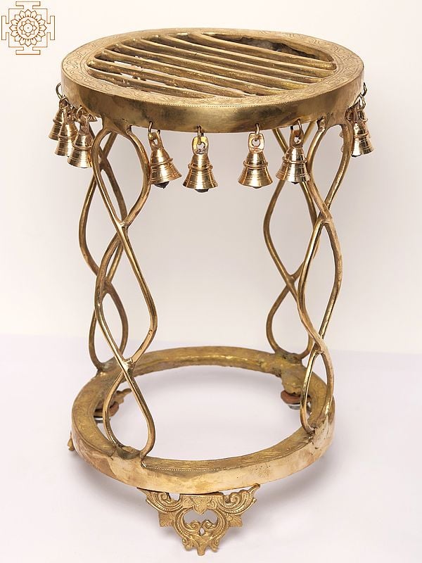 exotic india 19" Brass Designer Pedestal with Hanging Bells 