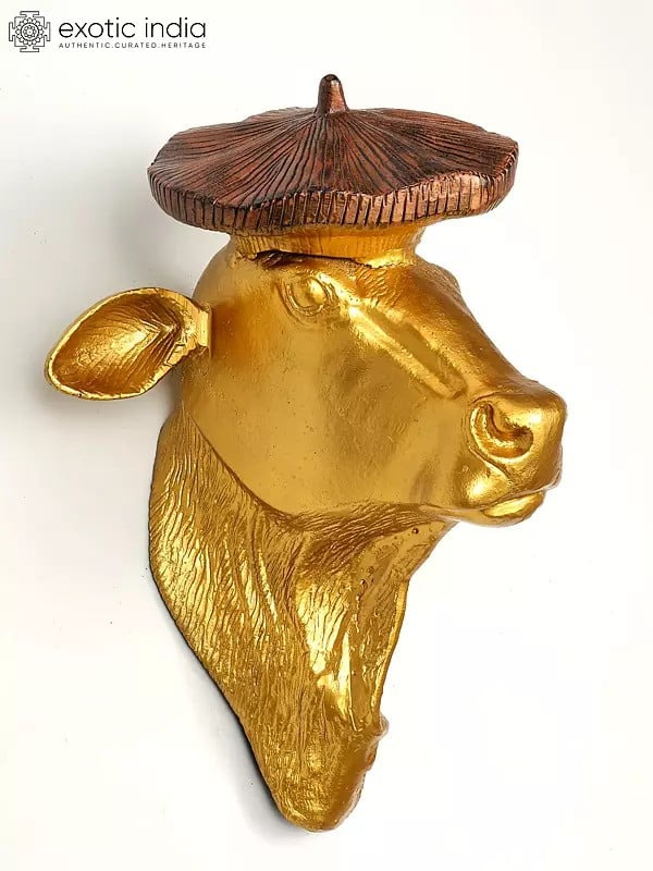 Exotic India 19" Brass Stylish Cow Head | Wall Hanging | Home Decor