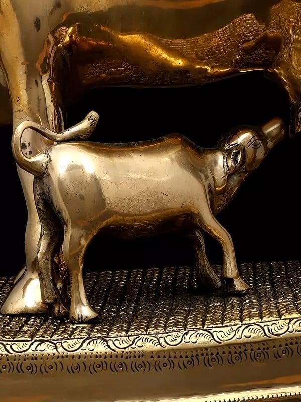 Exotic India 19" Cow And Calf On Pedestal | Brass Statue 