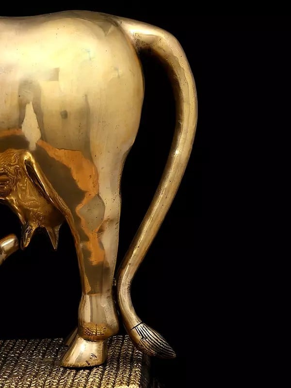 Exotic India 19" Cow And Calf On Pedestal | Brass Statue 