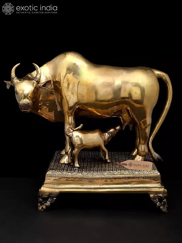 exotic india 19" Cow and Calf on Pedestal | Brass Statue 