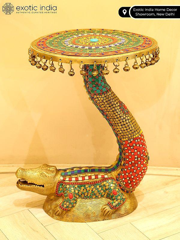 Exotic India 19" Crocodile Design Round Table With Dangling Ghungroos | Brass With Inlay Work 
