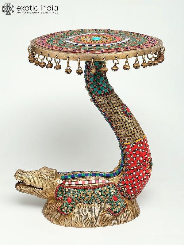 Exotic India 19" Crocodile Design Round Table With Dangling Ghungroos | Brass With Inlay Work 