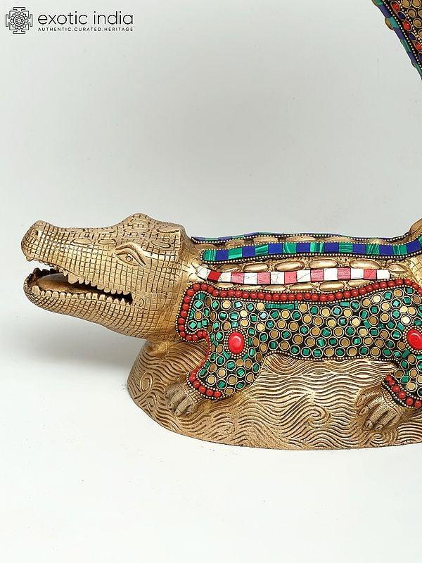 Exotic India 19" Crocodile Design Round Table With Dangling Ghungroos | Brass With Inlay Work 