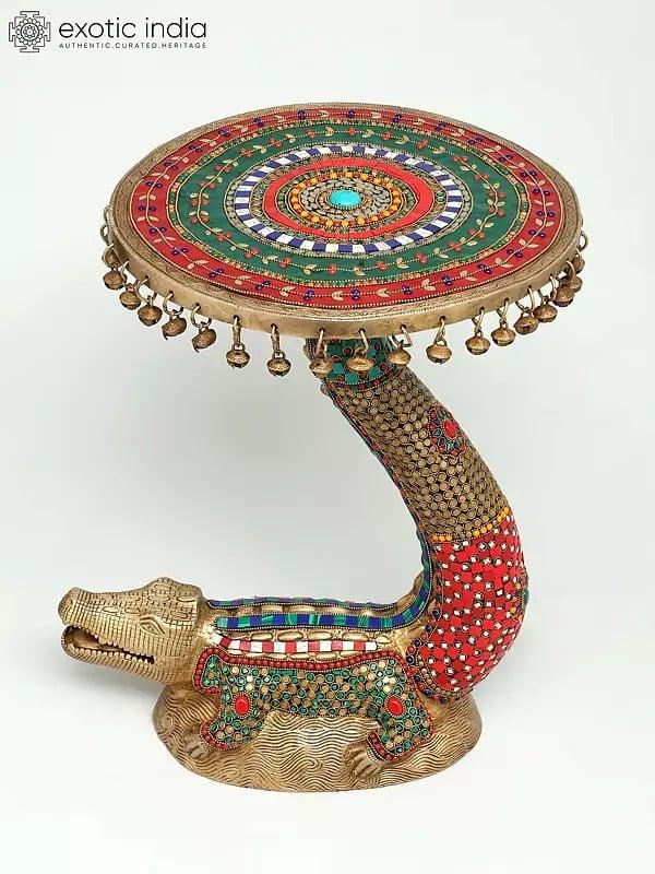 exotic india 19" Crocodile Design Round Table with Dangling Ghungroos | Brass with Inlay Work 